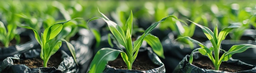 Obraz premium Close-up of young corn plants in black plastic bags
