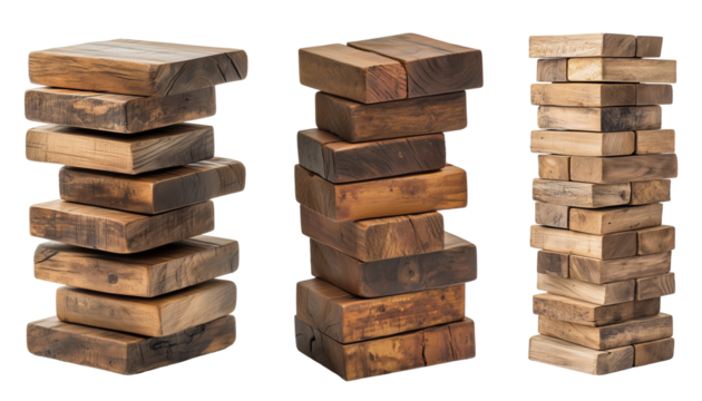 Stack of Rustic Wooden Blocks isolated on transparent and white background, set