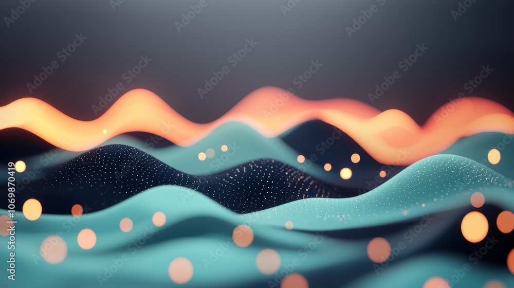 Poster an abstract representation of a digital landscape with glowing hills, valleys, and data streams, evo