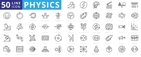 Physics icon set with force, energy, velocity, acceleration, mass, momentum, gravity, friction, inertia, work, power, kinetic, potential, conservation, centripetal, electric, and electromagnetism