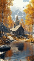 Autumn Mountain Cabin by a Creek