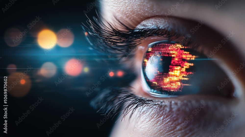 Poster a human eye superimposed on a background of flowing binary code, representing the concept of data an