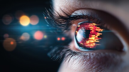 A human eye superimposed on a background of flowing binary code, representing the concept of data analysis and interpretation.