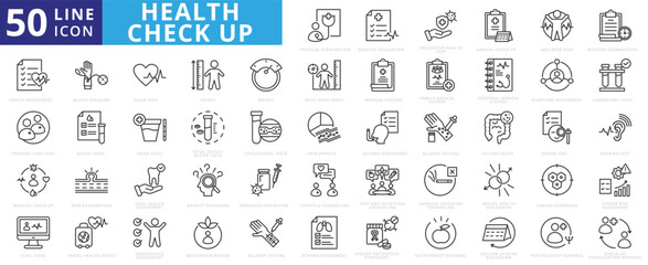 Health check-up icon set with physical examination, medical evaluation, preventive, annual, wellness visit, routine examination, health assessment, primary care visit, laboratory, blood, and medical