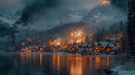 Fireworks bursting over a snowy mountain village, lighting up the winter sky with vibrant colors, creating a festive and magical atmosphere amidst serene snow-covered landscapes.