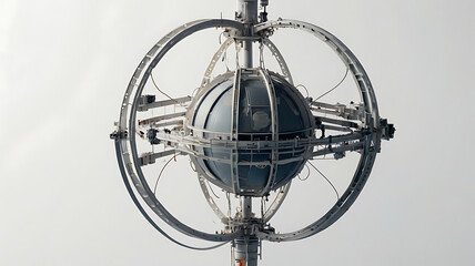 Minimalistic icon of a satellite symbol representing communication and orbital technology on white background.