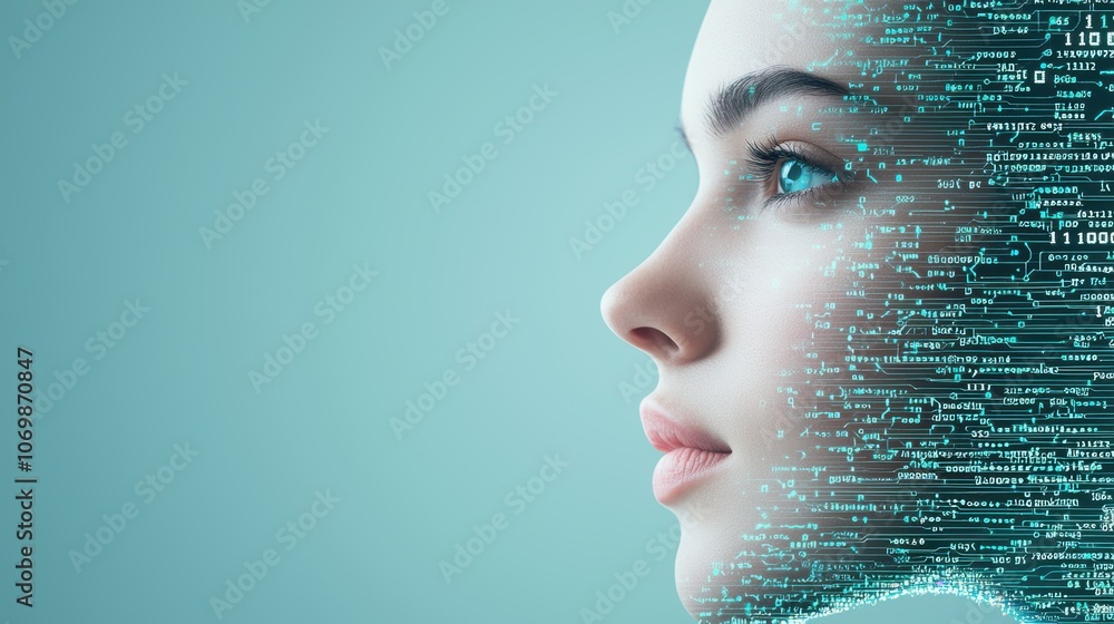 Poster a human face partially obscured by binary code and circuit board patterns, suggesting the merging of
