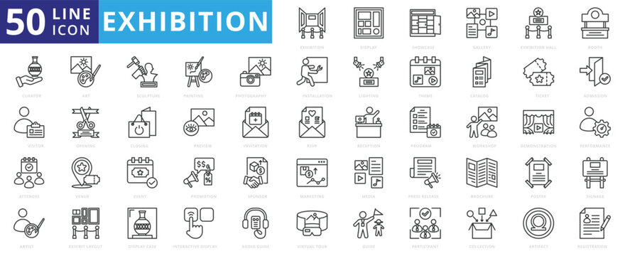 Exhibition icon set with display, showcase, gallery, exhibition hall, booth, curator, visitor, attendee, artist, art, sculpture, painting, photography, installation, lighting, theme, catalog, ticket