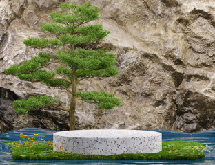 A white propylene circular podium on a grassy lawn with rocks in the background for product display.