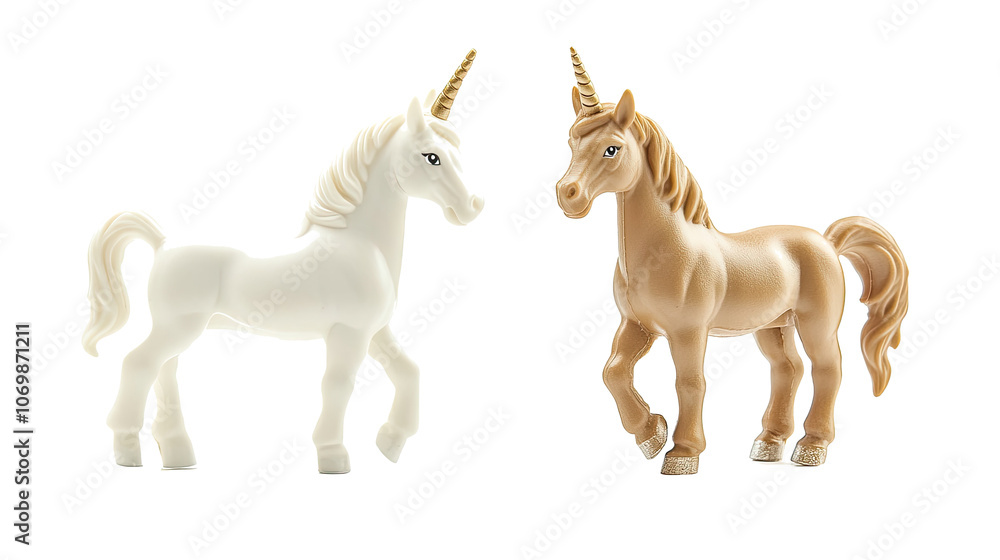 Poster set of two unicorn figurines in playful pose on transparent background generative ai