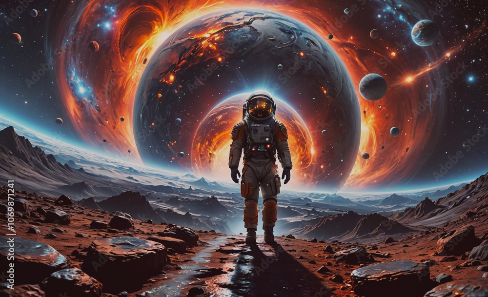 Poster Man in a spacesuit is walking on a rocky surface
