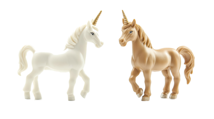 Set of Two Unicorn Figurines in Playful Pose on Transparent Background Generative AI