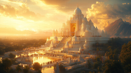 Fototapeta premium A vibrant scene at a Bahá'í temple with people from diverse backgrounds coming together in harmony and peace.