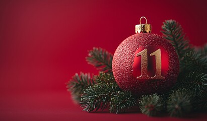 A striking gold number '11' with a shiny red ornament on a pine branch, perfect for 12 Days of Christmas promotions or festive greetings.