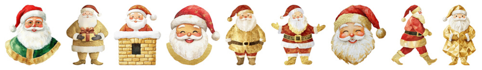 Cute watercolor gold Christmas Santa Claus png cut out element set