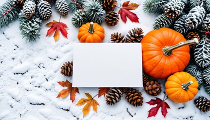 Fototapeta premium Festive autumn and winter scene with pumpkins and pine cones in snow