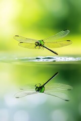 A green dragonfly is flying over a body of water