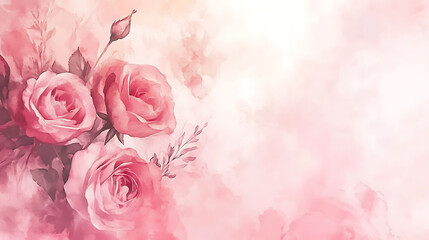 Watercolor background with blooming roses in soft pink hues, creating serene atmosphere