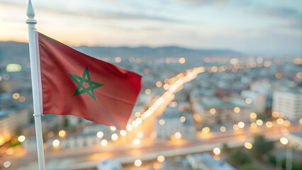 Close-up Morocco Flag Waving in the Wind. Evening background, In the capital of Morocco, city lights and road