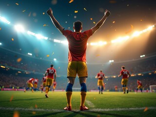 Naklejka premium Celebration on the field: soccer player triumphs under stadium lights