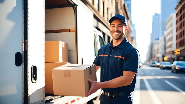 Logistic delivery concept. A smiling delivery worker holds a box outside a delivery truck in an urban setting, showcasing efficient package handling.