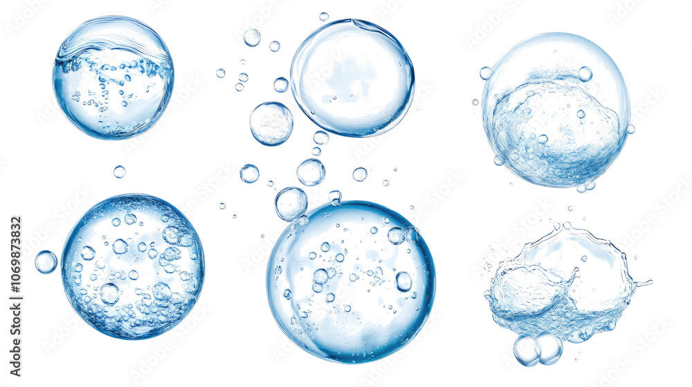 Poster set of clear water bubbles isolated on a transparent background generative ai