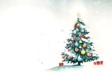 Decorated Christmas Tree with Snowflakes and Gifts in a Watercolor Style