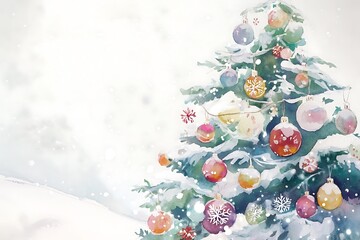 Watercolor Painting of a Christmas Tree with Ornaments and Snow