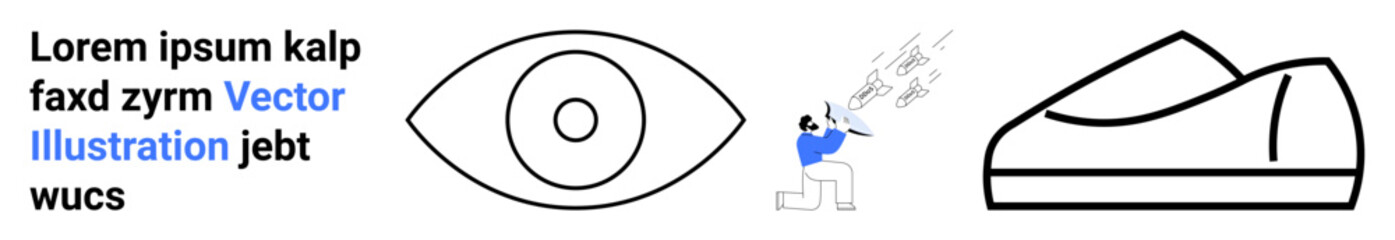 Text in black, eye drawing, cartoon figure with megaphone, and shoe outline. Ideal for art, design, communication, minimalism, advertising, marketing, and creativity concepts. Landing page