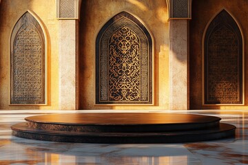 A podium with the interior of a mosque as background for product display on Islamic celebration day