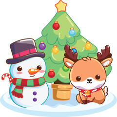 Cute Snowman and Reindeer by Christmas Tree