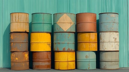 A close-up of oil barrels stacked in a storage yard, symbolizing the storage and transportation aspects of the oil business