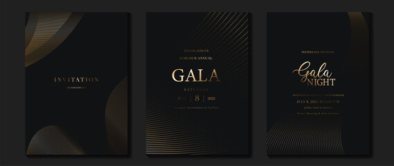 Luxury invitation card background vector. Golden elegant wavy gold line pattern on black background. Premium design illustration for wedding, vip cover template, grand opening, flyer, gala.
