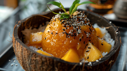 Mango Sticky Rice in Coconut Shell with Sesame Seeds and Green Garnish
