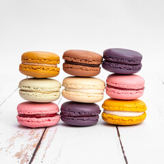 Close-up of assorted coloured macaroons in different flavours