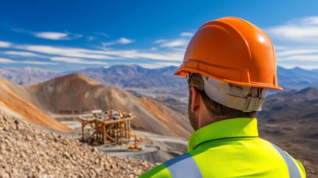 A petroleum engineer in a hard hat inspecting drilling equipment at an onshore oil drilling site in a remote desert landscape