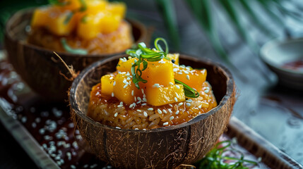 Mango Sticky Rice in Coconut Shell with Sesame Seeds and Green Garnish
