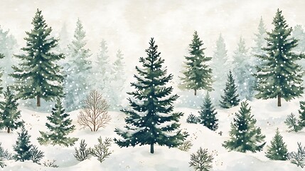 Fototapeta premium Seamless pattern of Christmas trees in winter forest theme watercolor style trees in natural green and white hues frosty snowy landscape subtle winter plants small bushes snow-covered branches