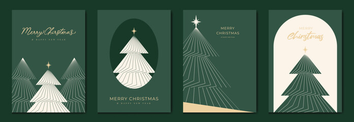 Elegant christmas invitation card art deco design vector. Christmas tree line art, star on green and white background. Design illustration for season's greeting poster, cover.