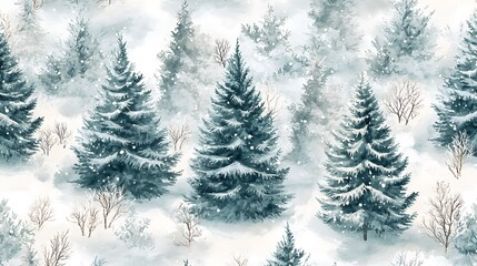 Obraz premium Seamless pattern of Christmas trees in winter forest theme watercolor style trees in natural green and white hues frosty snowy landscape subtle winter plants small bushes snow-covered branches