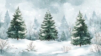 Fototapeta premium Seamless pattern of Christmas trees in winter forest theme watercolor style trees in natural green and white hues frosty snowy landscape subtle winter plants small bushes snow-covered branches