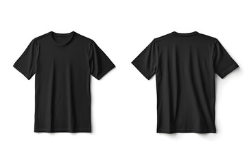 Mock up of front and back view of black blank T shirt with an isolated white background