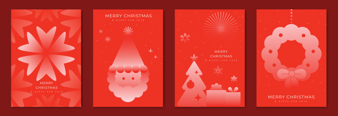 Elegant christmas invitation card art deco design vector. Christmas tree, snowflake, santa, wreath, firework, gift on red background. Design illustration for season's greeting poster, cover.