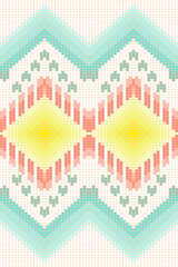 Ikat geometric pixel embroidery knitting pattern. Beautiful geometry heart shape pastel color background seamless pattern design for fabric, knit pattern, sweater, knitwear, scarf, ceramic, embroider