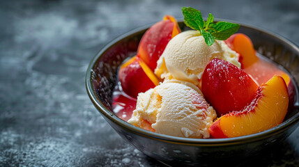 Peach Melba with Poached Peaches and Vanilla Ice Cream in Black Bowl