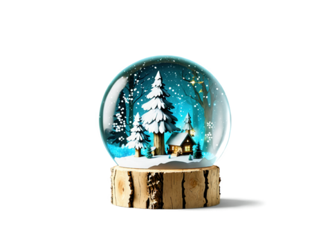 Enchanted forest snow globe, firefly-like glitter, wooden log base, dynamic hero image, clear backdrop