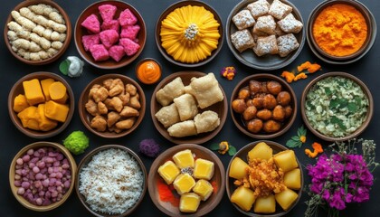 Fototapeta premium Assorted indian food on dark wooden background. Bowls with different dishes of indian cuisine. Pilaf, butter chicken curry, rice, palak paneer