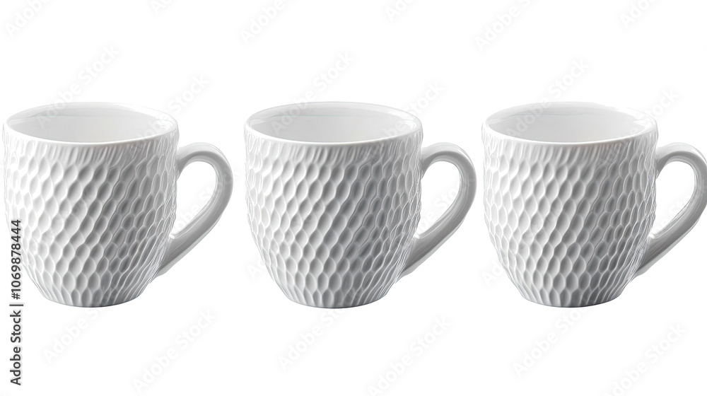 Poster set of three white coffee cups on a transparent background generative ai