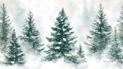 Fototapeta premium Winter forest seamless pattern watercolor Christmas trees greens whites snow branches subtle winter plants holiday background