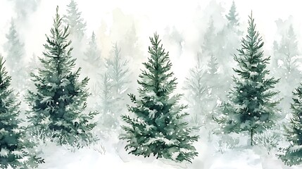 Fototapeta premium Seamless pattern Christmas trees winter forest watercolor style greens whites snowy branches subtle winter details